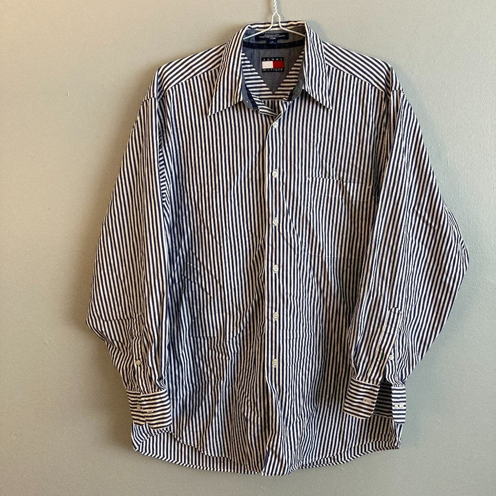 Tommy Hilfiger Men’s Classic Blue White Striped Button Up Shirt Cotton Sz 15/32